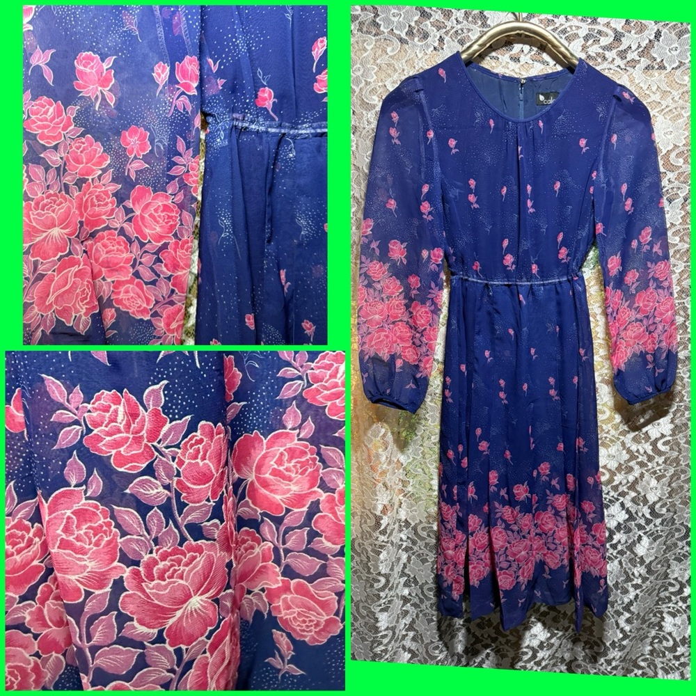 Vintage Floral Long Sleeve Midi Dress - Navy with Pink Roses poly chiffon XS